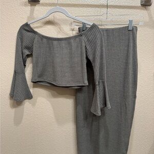 Ribbed Off-Shoulder Top and Skirt Set - Gray